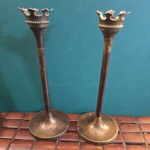 Bronze Crown Candle Holder Pair Vintage Bombay Company 10" High 4" Diameter